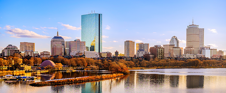 A view of Boston skyscrapers from the ground.