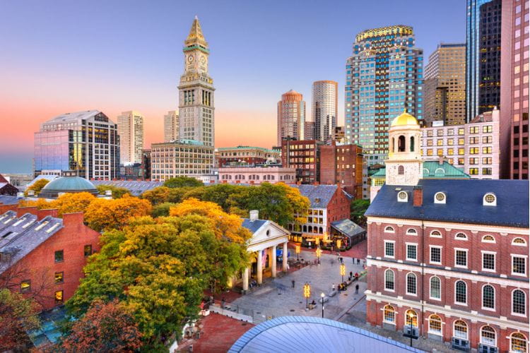 An aerial view of Faneuil Hall Marketplace at dusk